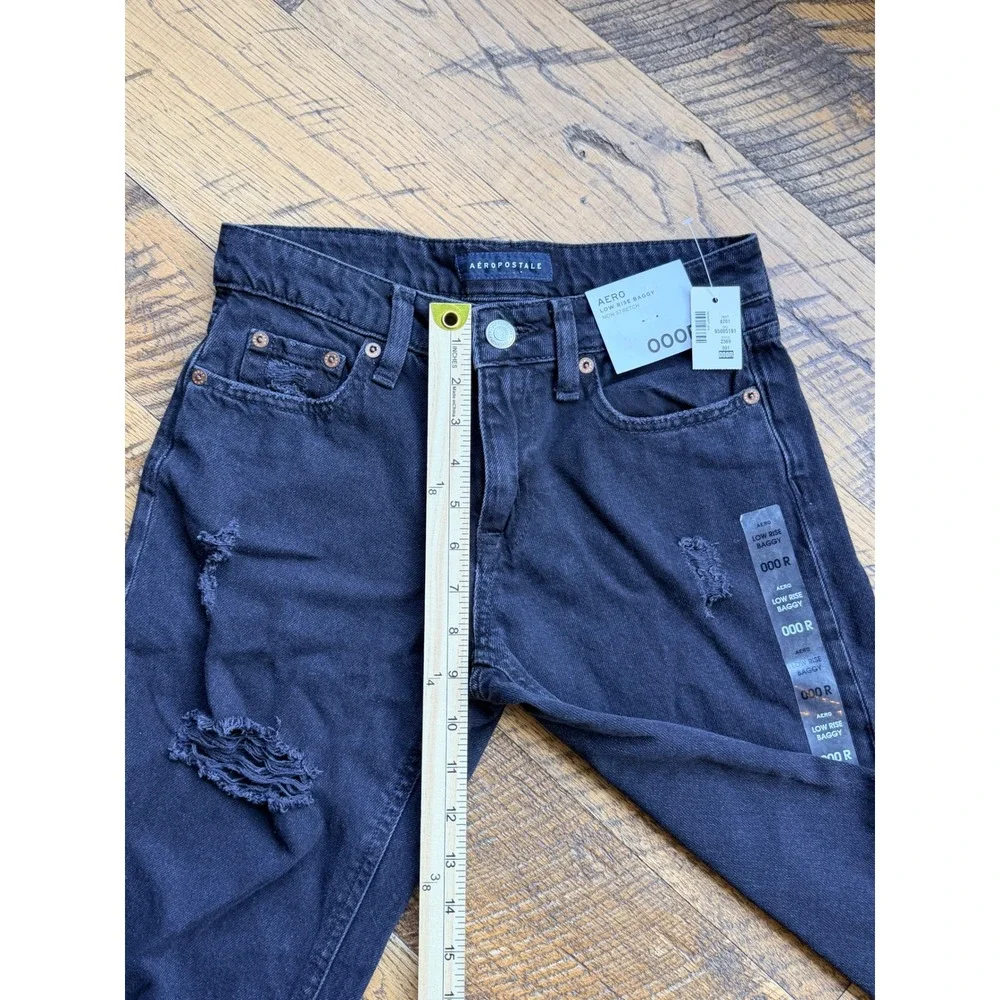 Aeropostale Low Rise‎ Baggy Distressed Jeans Size 000R Black Non Stretch Denim